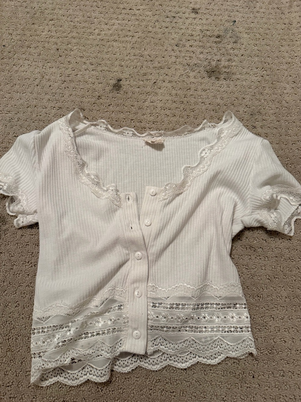 Caution To The Wind White Lace-Trim Ribbed Crop Top